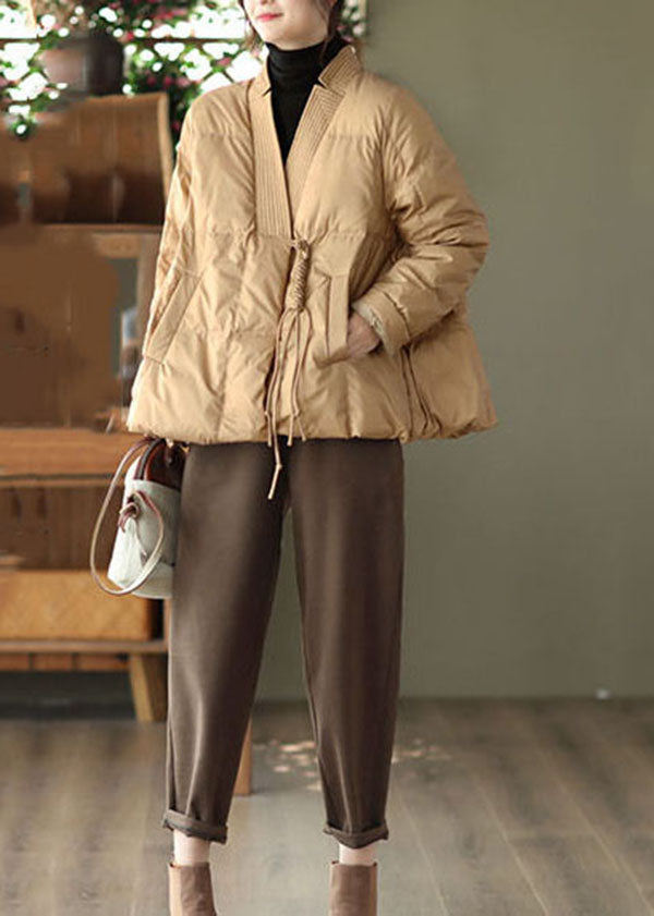 Khaki Duck Down Winter Coats V Neck Oriental Button Winter - Down Jackets - DYAVOR®