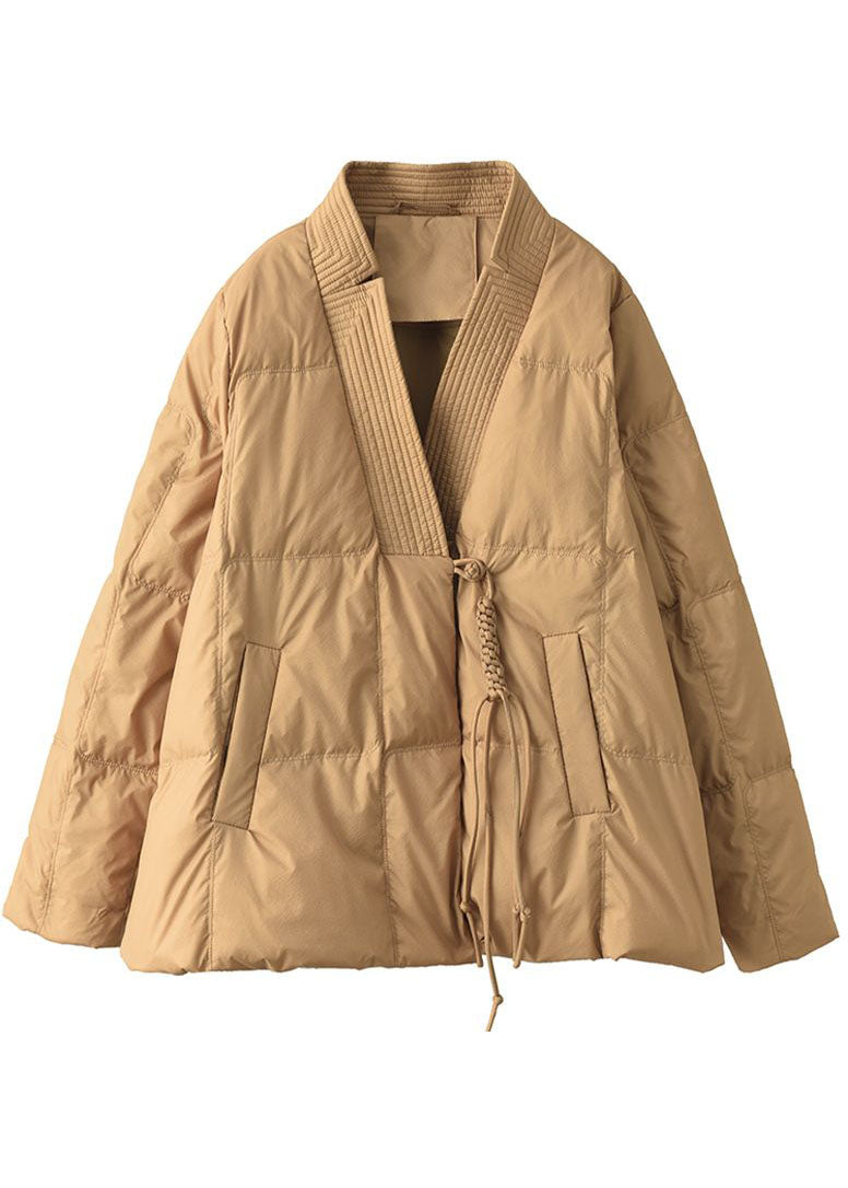 Khaki Duck Down Winter Coats V Neck Oriental Button Winter - Down Jackets - DYAVOR®