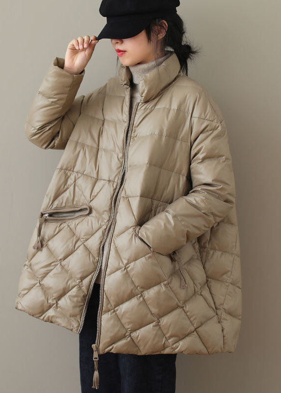 Khaki Fine Cotton Filled Parkaer Stand Collar Zip Up Solid Winter - Down Jackets - DYAVOR®