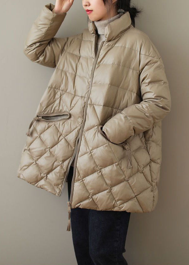 Khaki Fine Cotton Filled Parkaer Stand Collar Zip Up Solid Winter - Down Jackets - DYAVOR®