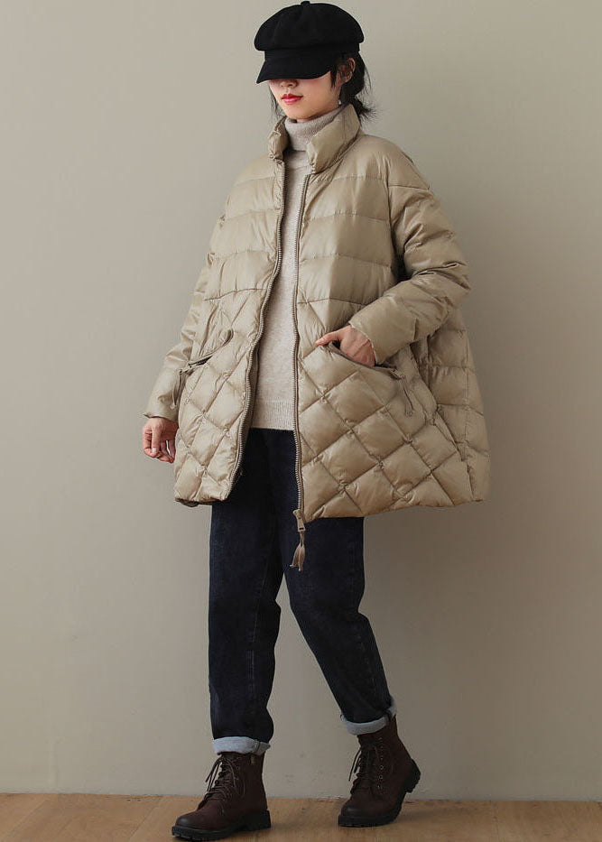 Khaki Fine Cotton Filled Parkaer Stand Collar Zip Up Solid Winter - Down Jackets - DYAVOR®