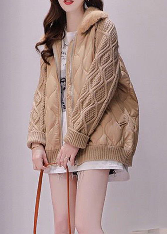 Khaki Fur Collar Zippered Knit Patchwork Parka Winter - Down Jackets - DYAVOR®