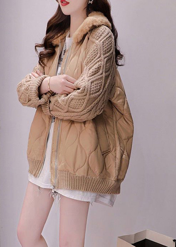 Khaki Fur Collar Zippered Knit Patchwork Parka Winter - Down Jackets - DYAVOR®