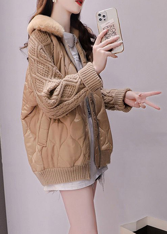 Khaki Fur Collar Zippered Knit Patchwork Parka Winter - Down Jackets - DYAVOR®