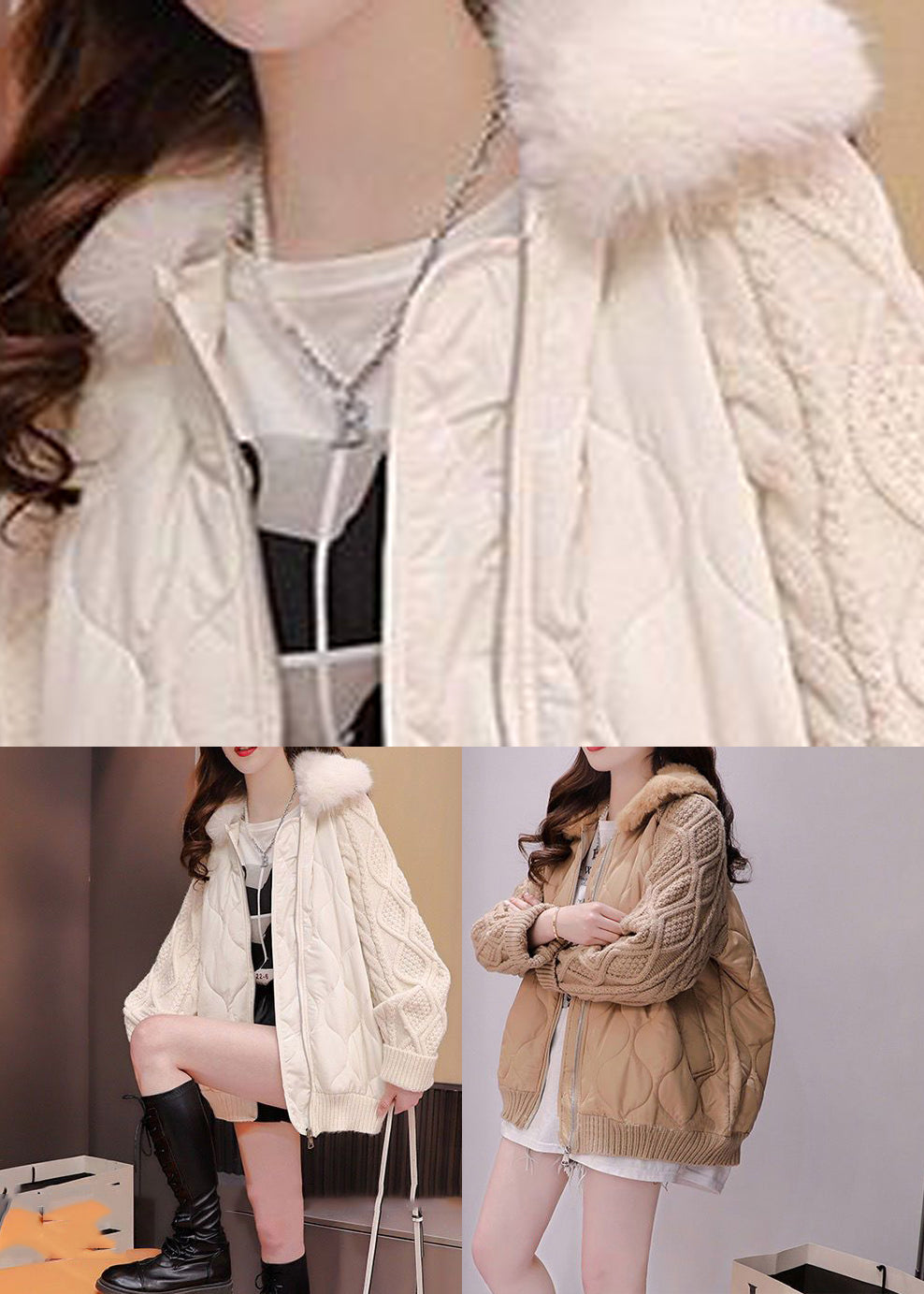 Khaki Fur Collar Zippered Knit Patchwork Parka Winter - Down Jackets - DYAVOR®