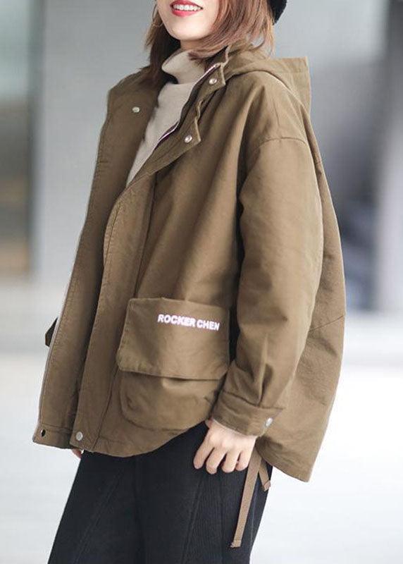 Khaki Hooded Zippered Winter Cotton Long sleeve Coat - Down Jackets - DYAVOR®
