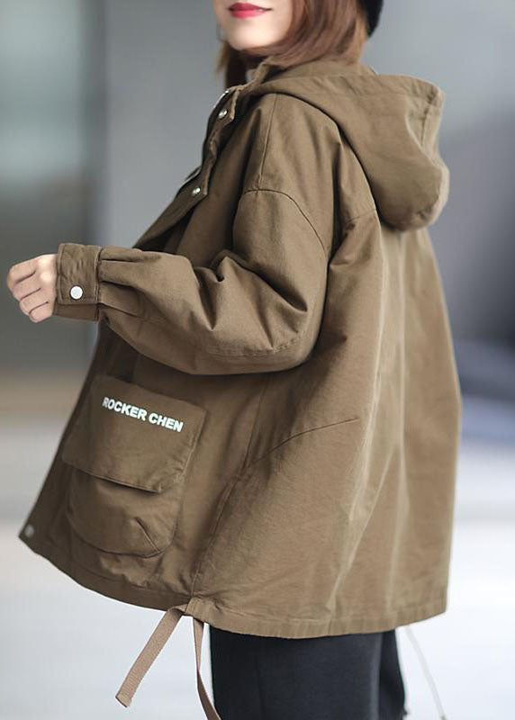Khaki Hooded Zippered Winter Cotton Long sleeve Coat - Down Jackets - DYAVOR®