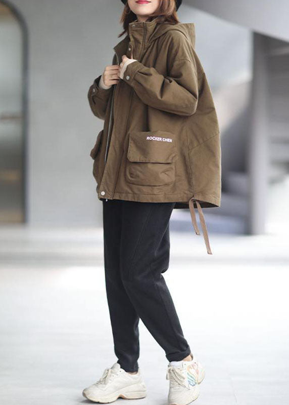 Khaki Hooded Zippered Winter Cotton Long sleeve Coat - Down Jackets - DYAVOR®