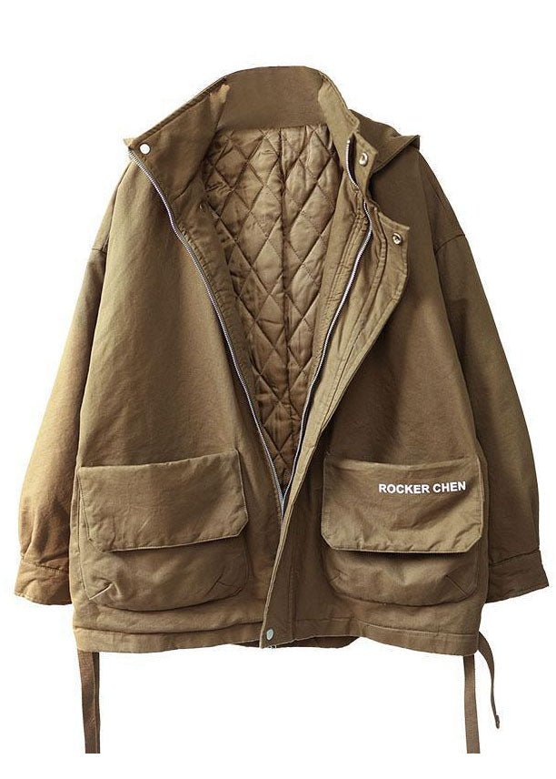 Khaki Hooded Zippered Winter Cotton Long sleeve Coat - Down Jackets - DYAVOR®