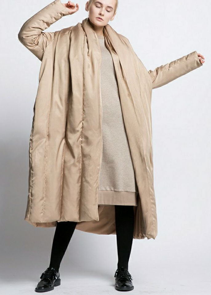 Khaki Patchwork Warm Duck Down Puffer Jacket V Neck Oversized Winter - Down Jackets - DYAVOR®