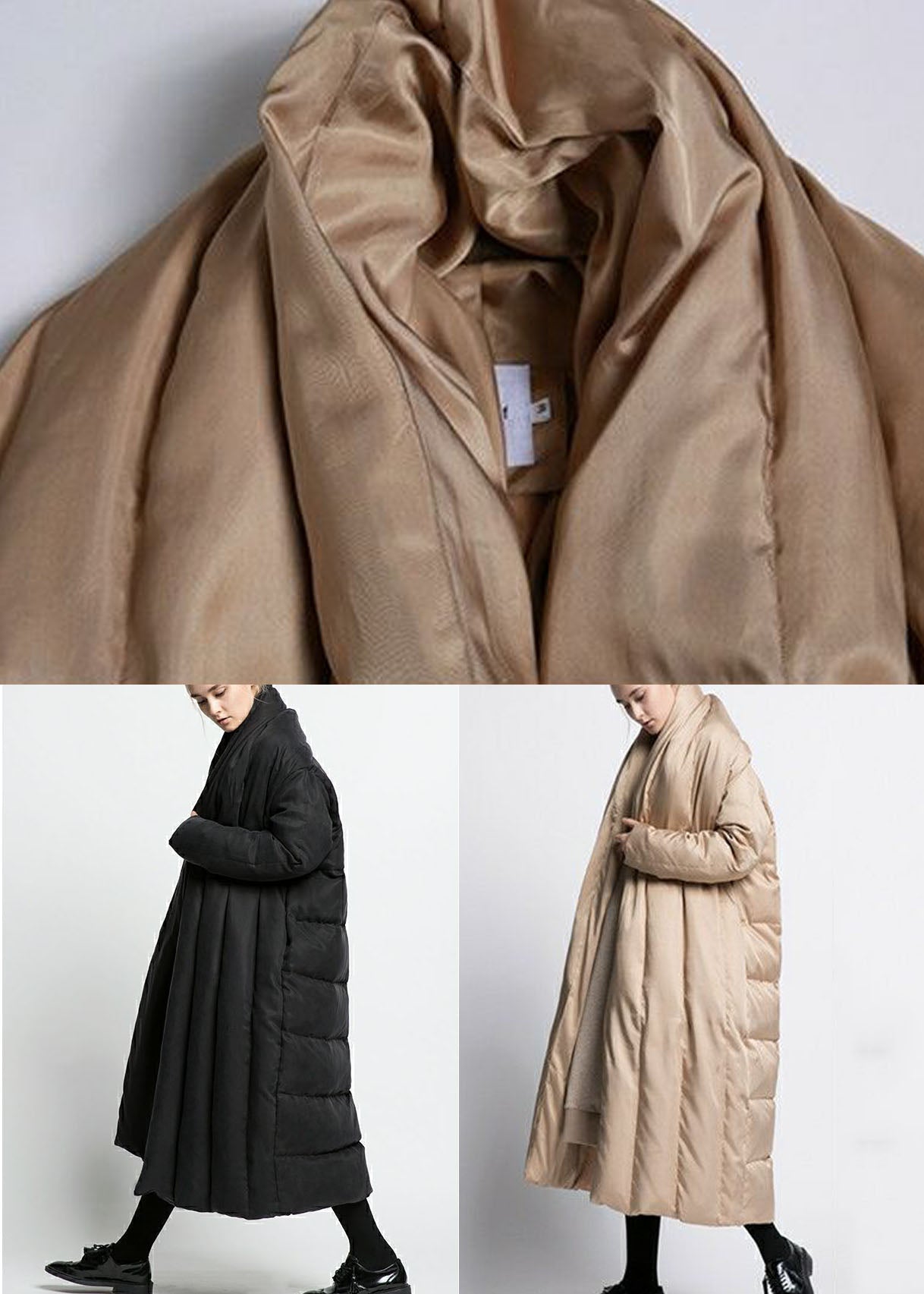 Khaki Patchwork Warm Duck Down Puffer Jacket V Neck Oversized Winter - Down Jackets - DYAVOR®