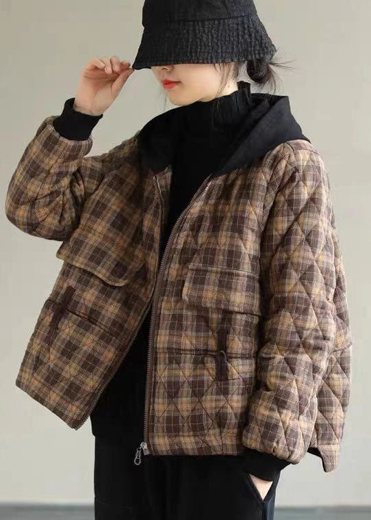 Khaki Plaid Fine Cotton Filled Puffers Jackets Zip Up Winter - Down Jackets - DYAVOR®