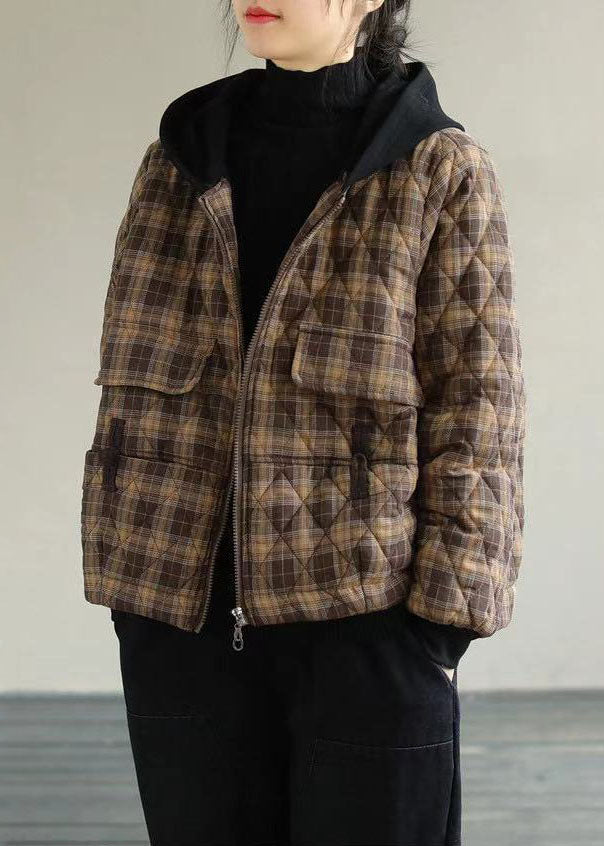 Khaki Plaid Fine Cotton Filled Puffers Jackets Zip Up Winter - Down Jackets - DYAVOR®