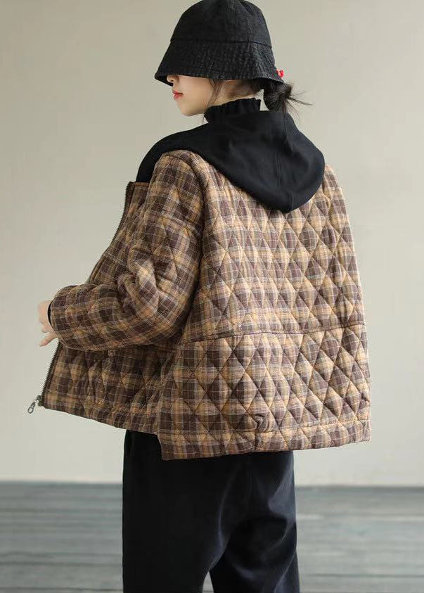 Khaki Plaid Fine Cotton Filled Puffers Jackets Zip Up Winter - Down Jackets - DYAVOR®