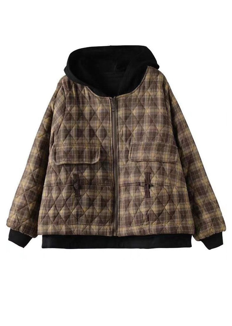 Khaki Plaid Fine Cotton Filled Puffers Jackets Zip Up Winter - Down Jackets - DYAVOR®