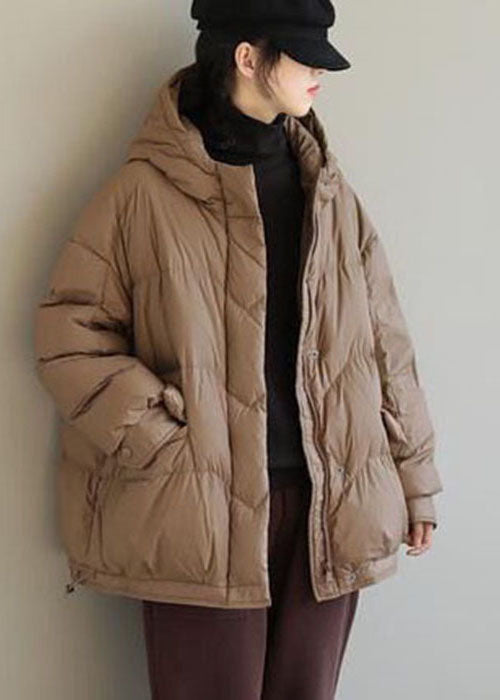 Khaki Solid Duck Down Puffer Jacket Hooded Pockets Winter - Down Jackets - DYAVOR®