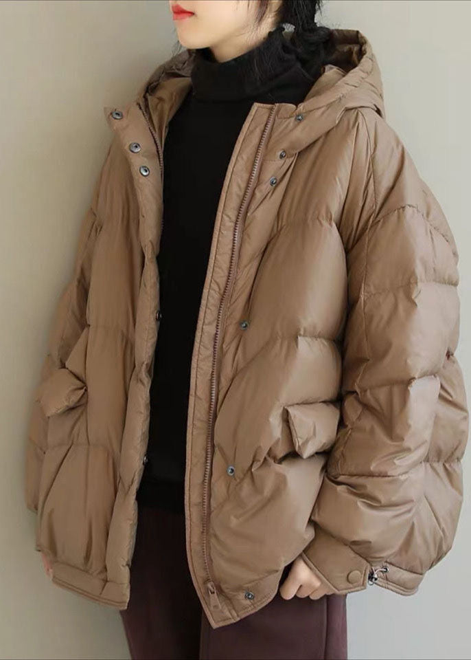 Khaki Solid Duck Down Puffer Jacket Hooded Pockets Winter - Down Jackets - DYAVOR®