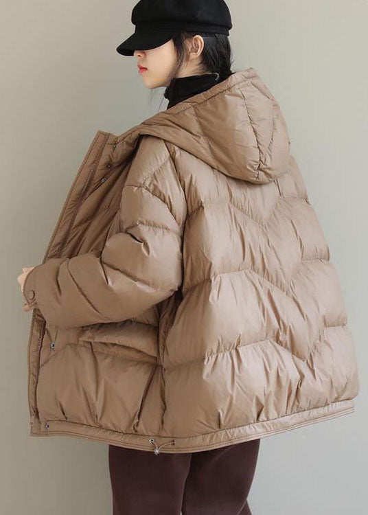 Khaki Solid Duck Down Puffer Jacket Hooded Pockets Winter - Down Jackets - DYAVOR®
