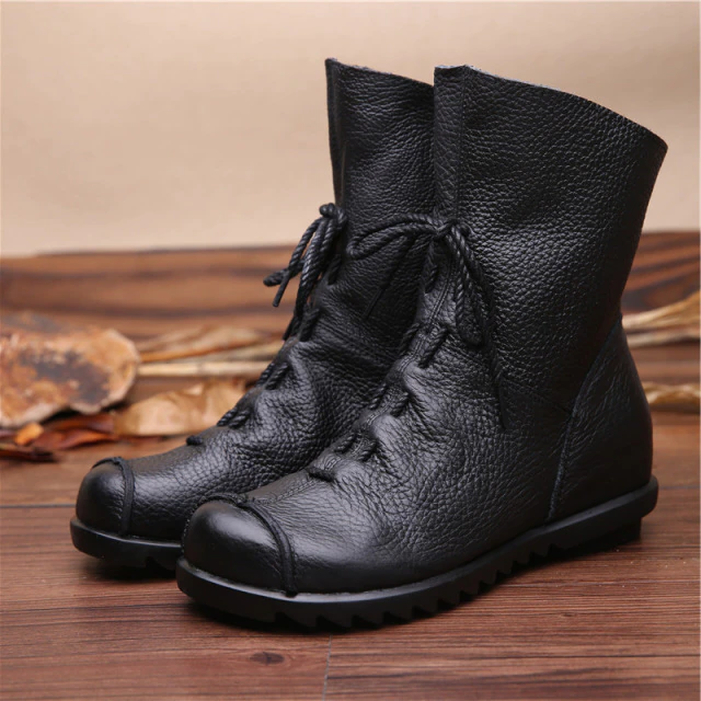 Koko Women's Vintage Style Genuine Leather Black Booties - Booties - DYAVOR®