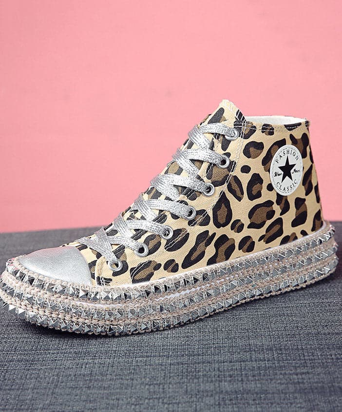 Leopard Print Flat Shoes For Women Rivet Cross Strap Splicing Flat Shoes For Women - Flats Shoes - DYAVOR®