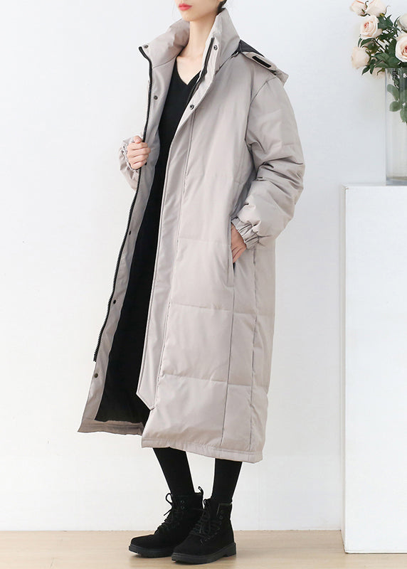 Light Grey Stand Collar Button Pockets Zippered Duck Down Coat Long Sleeve - Down Jackets - DYAVOR®