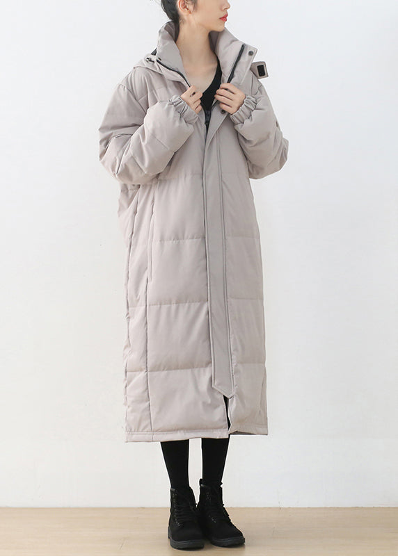 Light Grey Stand Collar Button Pockets Zippered Duck Down Coat Long Sleeve - Down Jackets - DYAVOR®