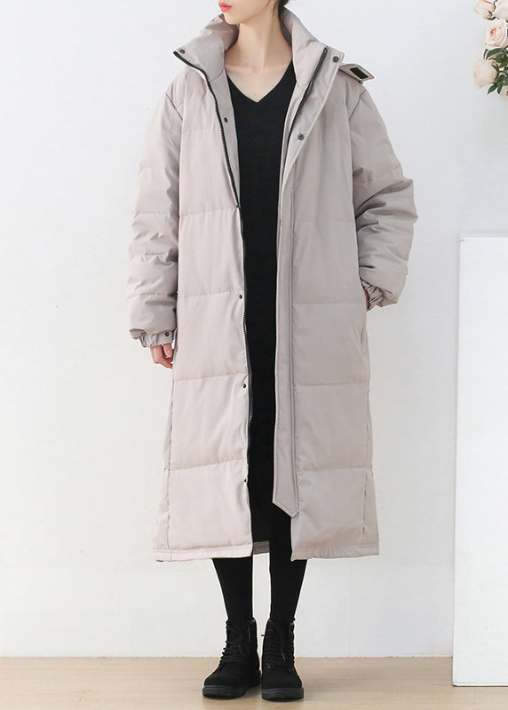 Light Grey Stand Collar Button Pockets Zippered Duck Down Coat Long Sleeve - Down Jackets - DYAVOR®