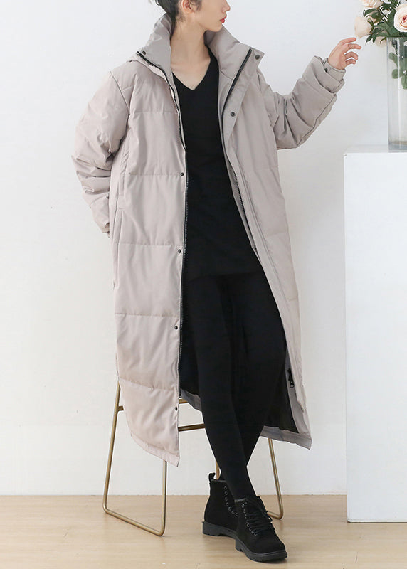 Light Grey Stand Collar Button Pockets Zippered Duck Down Coat Long Sleeve - Down Jackets - DYAVOR®