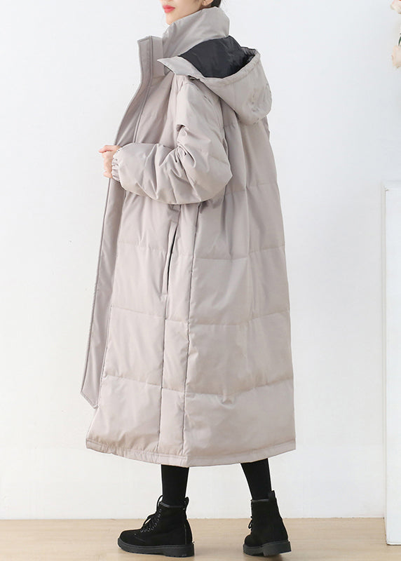 Light Grey Stand Collar Button Pockets Zippered Duck Down Coat Long Sleeve - Down Jackets - DYAVOR®