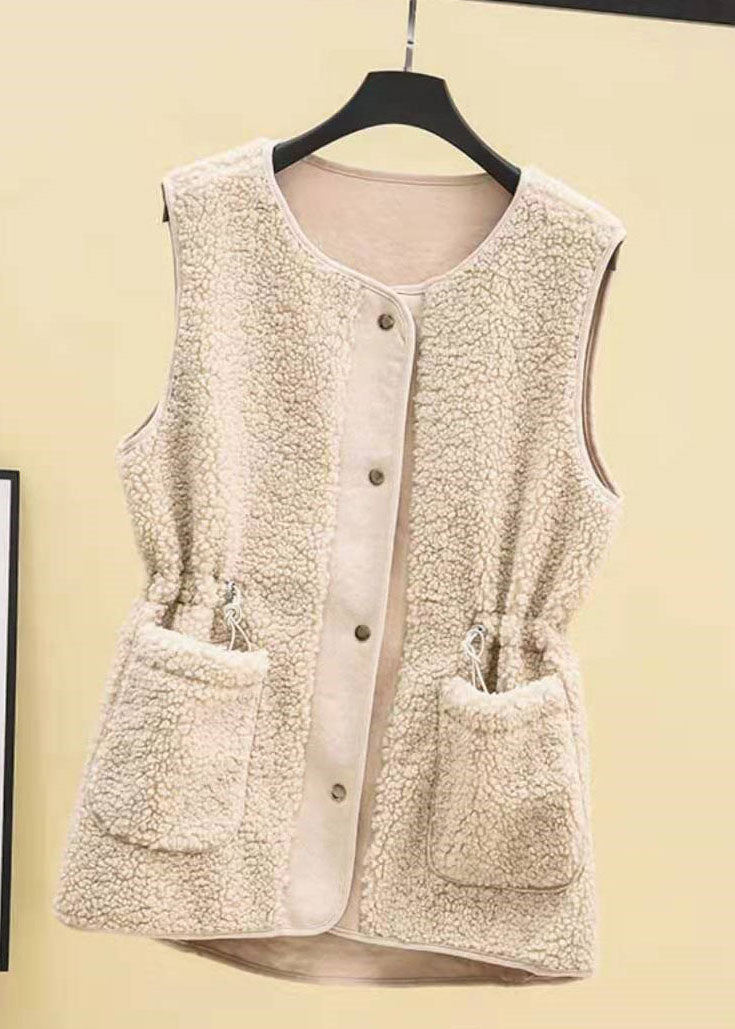 Loose Apricot drawstring Faux Fur Winter Vest - vests - DYAVOR®