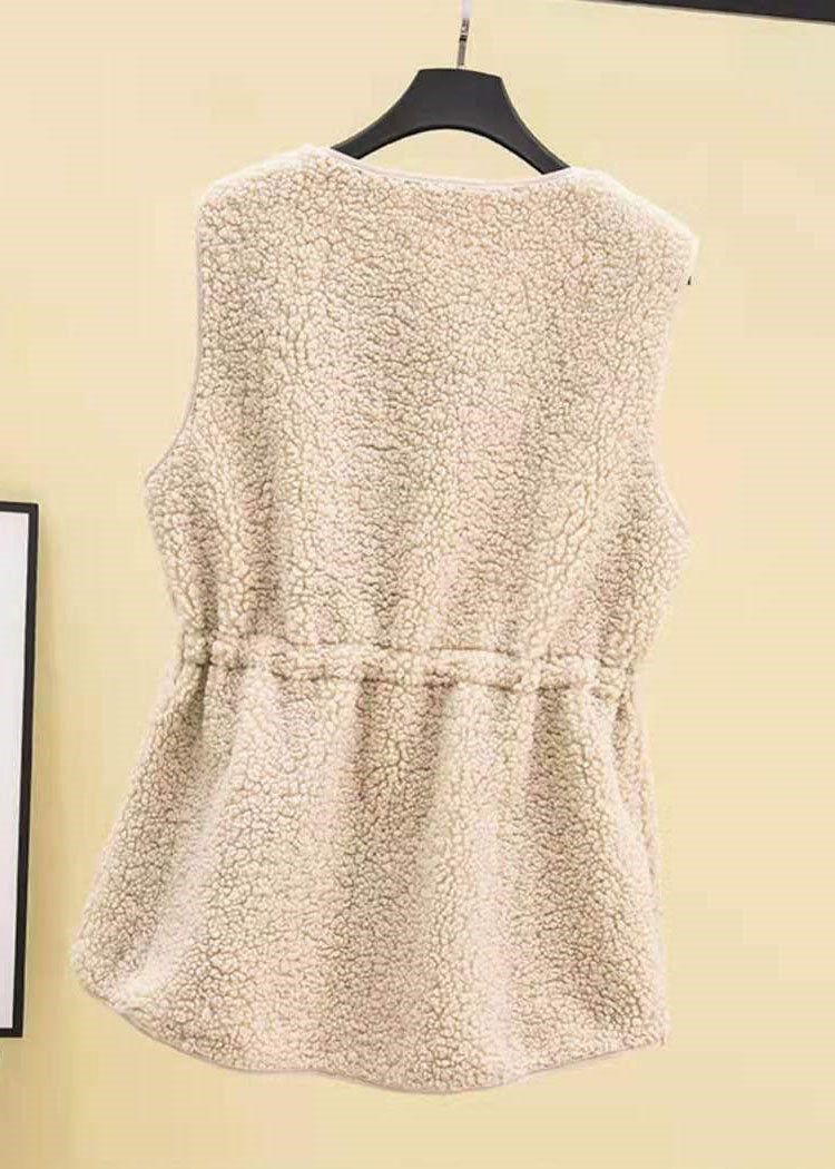 Loose Apricot drawstring Faux Fur Winter Vest - vests - DYAVOR®