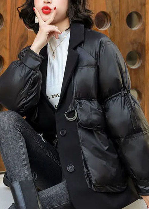 Loose Black Patchwork Pockets drawstring Winter Duck Down Coat - Down Jackets - DYAVOR®