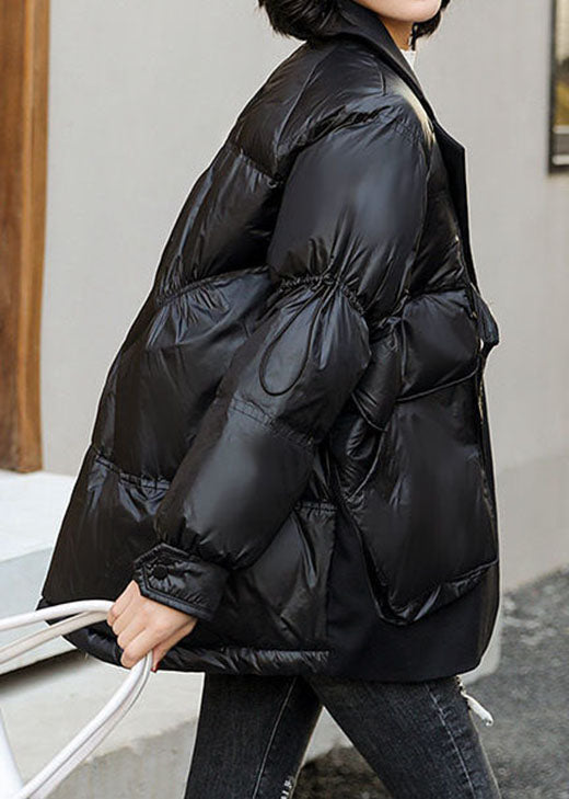 Loose Black Patchwork Pockets drawstring Winter Duck Down Coat - Down Jackets - DYAVOR®