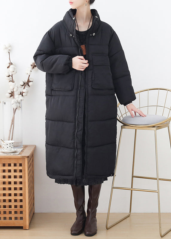 Loose Black Stand Collar Pockets Drawstring Thick Parka Long Sleeve - Down Jackets - DYAVOR®