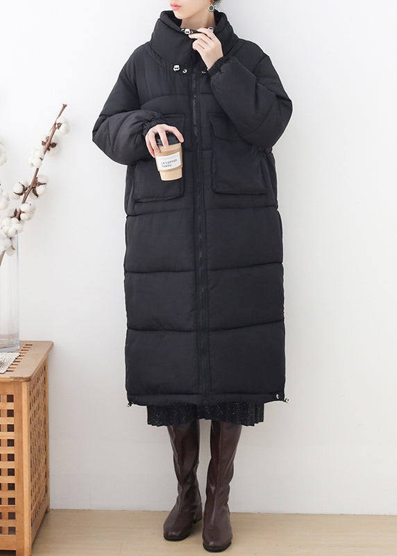 Loose Black Stand Collar Pockets Drawstring Thick Parka Long Sleeve - Down Jackets - DYAVOR®