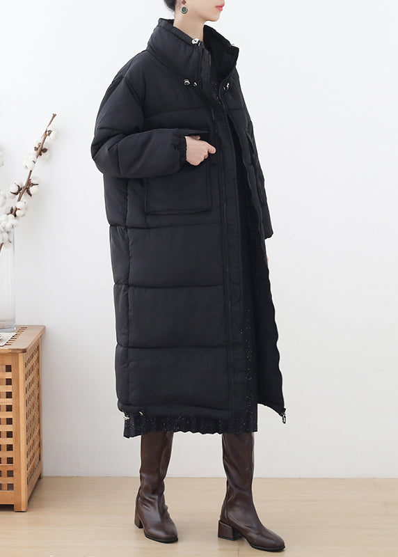 Loose Black Stand Collar Pockets Drawstring Thick Parka Long Sleeve - Down Jackets - DYAVOR®
