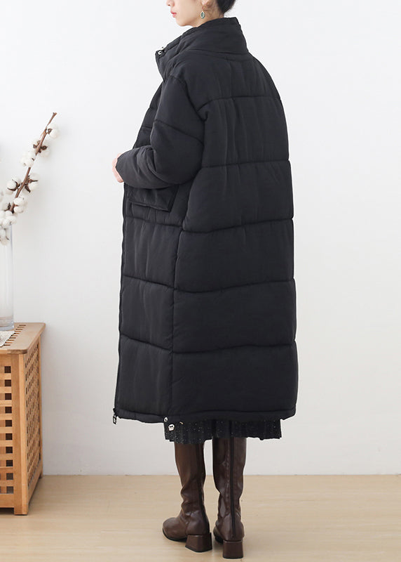 Loose Black Stand Collar Pockets Drawstring Thick Parka Long Sleeve - Down Jackets - DYAVOR®