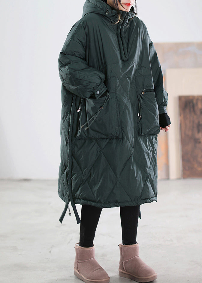 Loose Blackish Green Zippered Patchwork Maxi Hooded Duck Down Down Coats Winter - Down Jackets - DYAVOR®