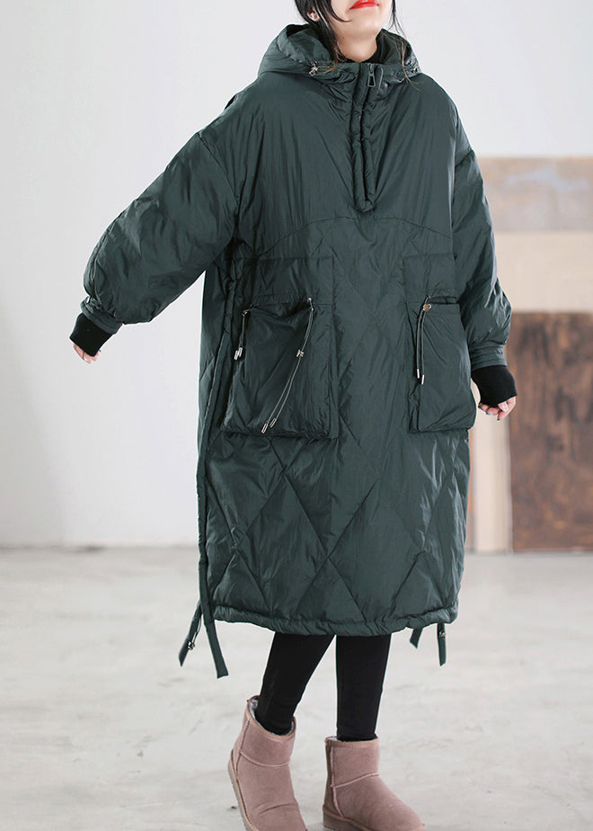 Loose Blackish Green Zippered Patchwork Maxi Hooded Duck Down Down Coats Winter - Down Jackets - DYAVOR®