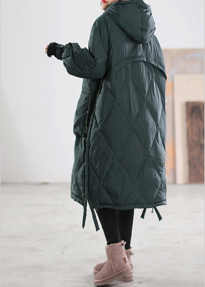 Loose Blackish Green Zippered Patchwork Maxi Hooded Duck Down Down Coats Winter - Down Jackets - DYAVOR®