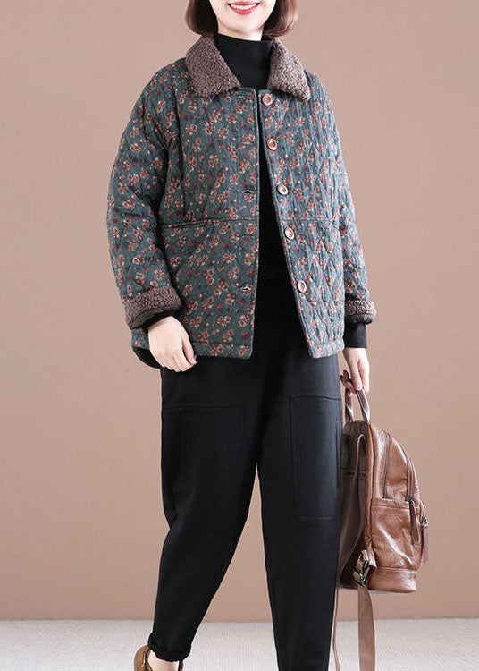 Loose Blue PeterPan Collar Print Warm Fleece Jacket Winter - Down Jackets - DYAVOR®