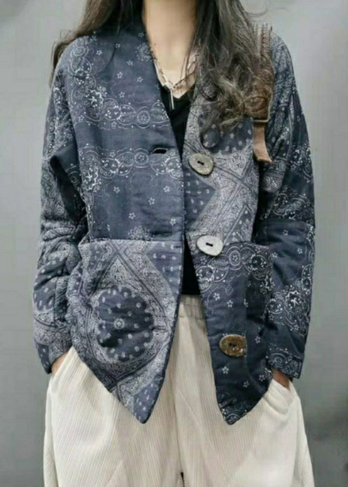 Loose Blue V Neck Print Button Cotton Filled Long Sleeve - Down Jackets - DYAVOR®
