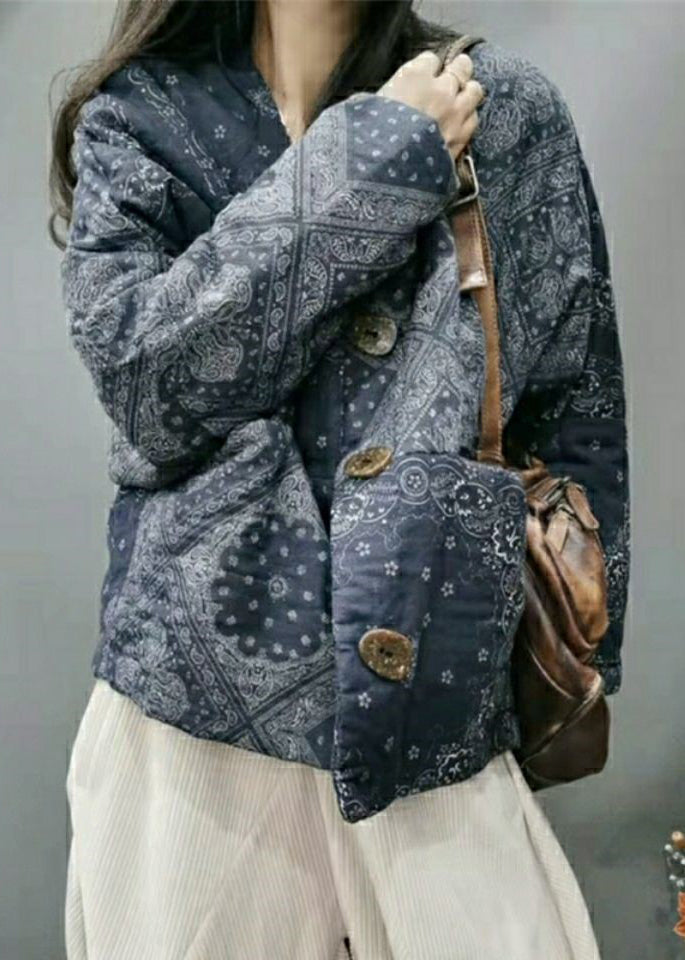 Loose Blue V Neck Print Button Cotton Filled Long Sleeve - Down Jackets - DYAVOR®