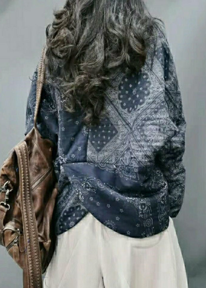 Loose Blue V Neck Print Button Cotton Filled Long Sleeve - Down Jackets - DYAVOR®