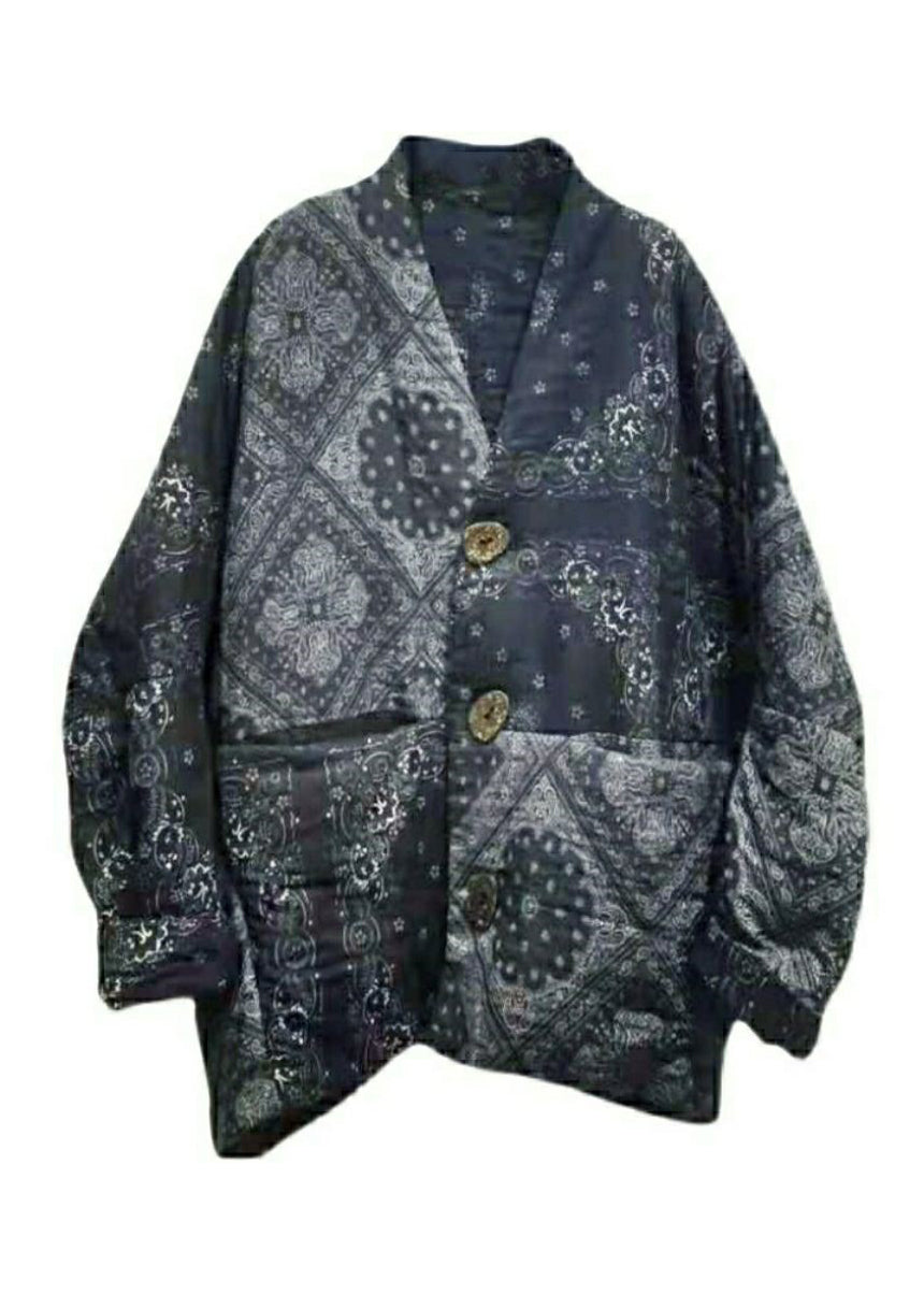 Loose Blue V Neck Print Button Cotton Filled Long Sleeve - Down Jackets - DYAVOR®