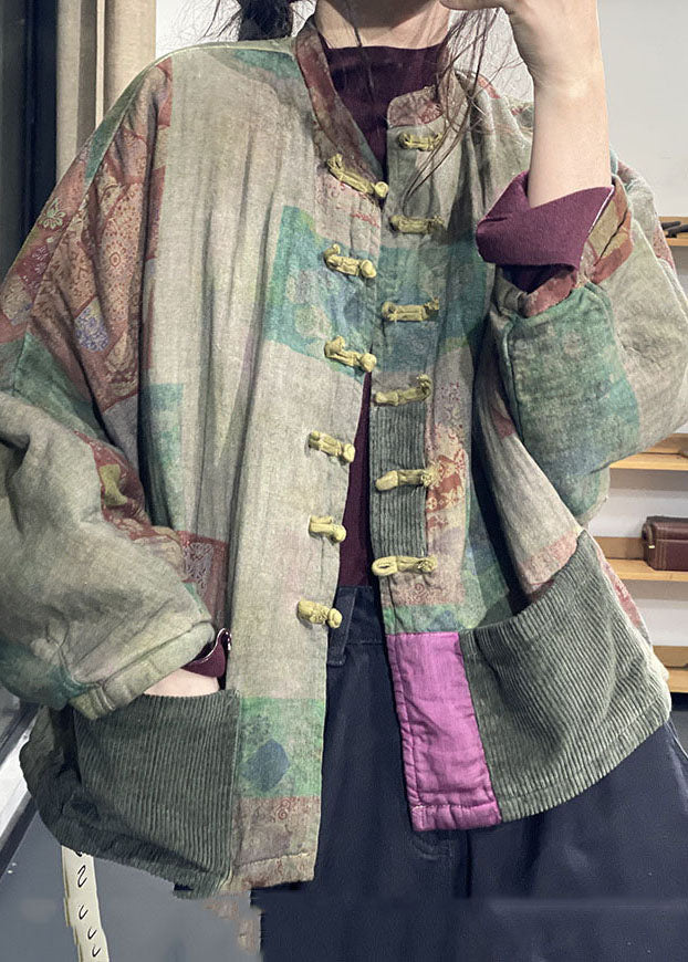 Loose Green Oriental Buttpn Patchwork Corduroy Pockets Fine Cotton Filled Coats Winter - Down Jackets - DYAVOR®