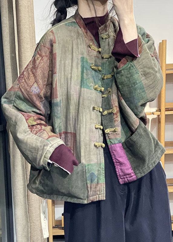 Loose Green Oriental Buttpn Patchwork Corduroy Pockets Fine Cotton Filled Coats Winter - Down Jackets - DYAVOR®