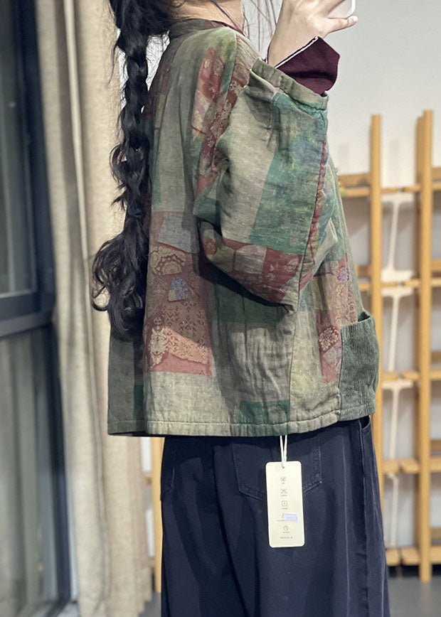 Loose Green Oriental Buttpn Patchwork Corduroy Pockets Fine Cotton Filled Coats Winter - Down Jackets - DYAVOR®
