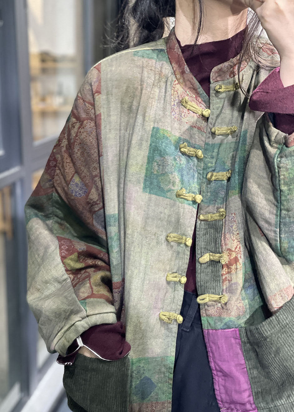 Loose Green Oriental Buttpn Patchwork Corduroy Pockets Fine Cotton Filled Coats Winter - Down Jackets - DYAVOR®