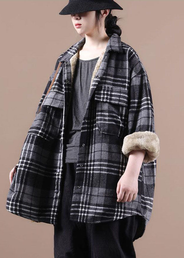 Loose Grey Pockets Plaid Thick Warm Fleece Shirt Coats Winter - Coats - DYAVOR®